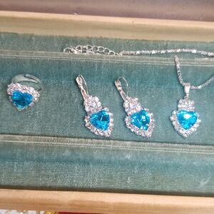 Elegant Silver and Blue Heart Crystal Jewelry Set Necklace Ring Earrings